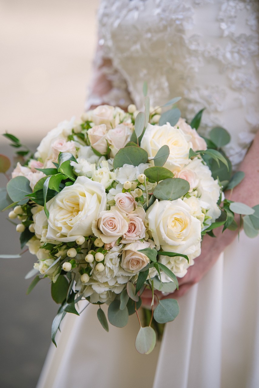 All White Bridal Bouquet with Greens